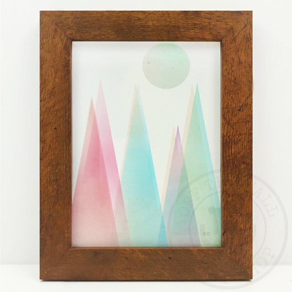 Nordic Mountains Moon Pastel Original Artwork Giclee Print 5x7" Natural Framed
